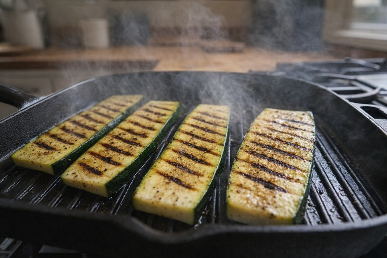 A close-up shot of zucchini planks grilling on a stovetop grill pan, showing distinct grill marks and steam rising.